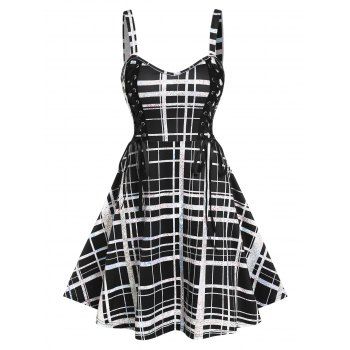 

Plaid Lace Up Skater Dress, Black