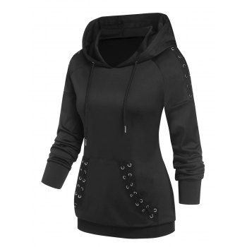 

Lace Up Drop Shoulder Punk Hoodie, Black