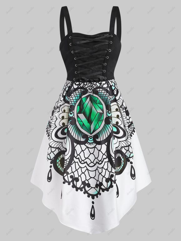 Robe Vintage d'Eté Asymétrique Style Corset à Imprimé Diamant à Lacets - Blanc S