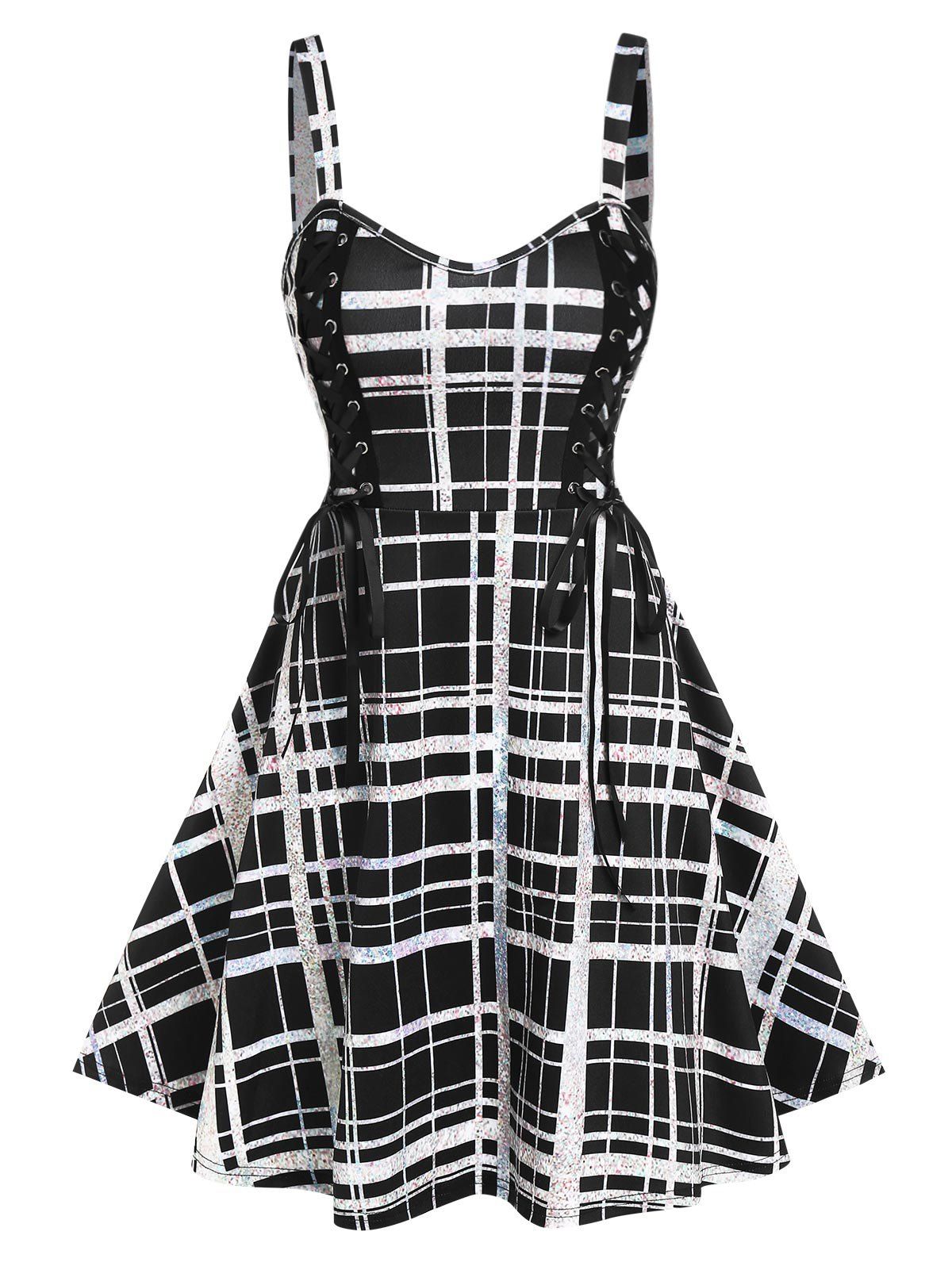 Plaid Lace Up Skater Dress - BLACK XL