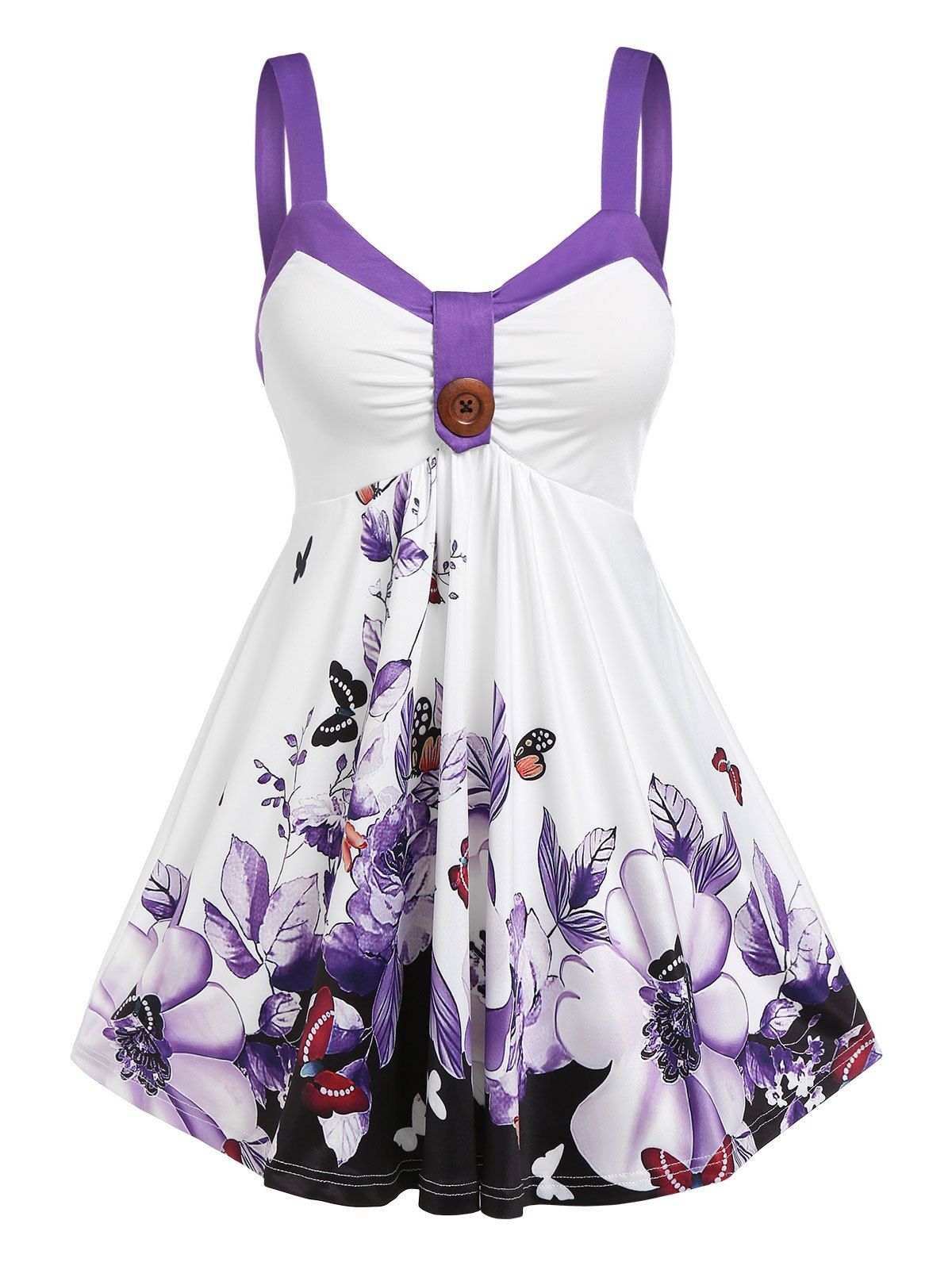 Retro Butterfly Floral Print Empire Waist Skirted Cami Tank Top - PURPLE L