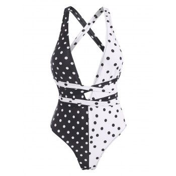 

Two Tone Polka Dot Swimwear Backless Criss Cross One-piece Swimsuit, Black