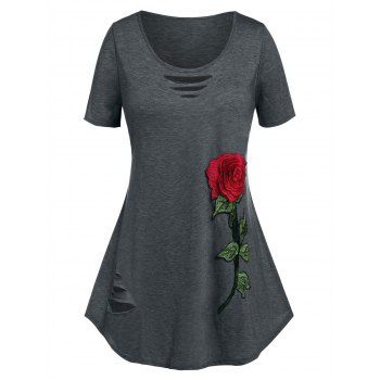 

Plus Size Rose Flower Embroidered Ripped Tunic Tee, Gray