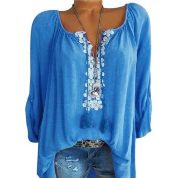 

Plus Size Flower Applique Tassel Roll Up Sleeve Blouse, Blue