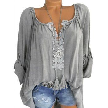 

Plus Size Flower Applique Tassel Roll Up Sleeve Blouse, Gray