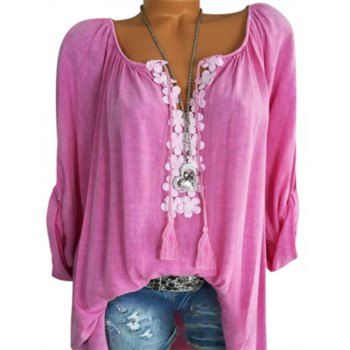 

Plus Size Flower Applique Tassel Roll Up Sleeve Blouse, Light pink