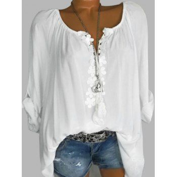 

Plus Size Flower Applique Tassel Roll Up Sleeve Blouse, White