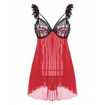 

Plus Size Lace Insert Mesh Ruffle Cami Babydoll Set, Red