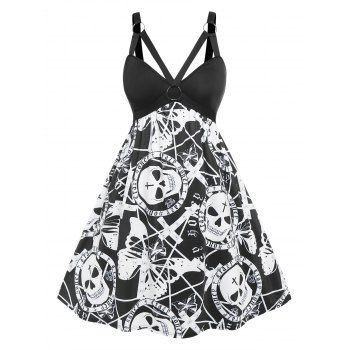 

Plus Size O Ring Cutout Skull Print Halloween Dress, Black