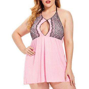 

Plus Size Lace Keyhole Mesh Lingerie Babydoll Set, Light pink