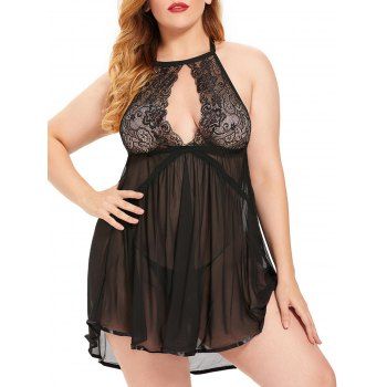 

Plus Size Lace Keyhole Mesh See Thru Lingerie Babydoll Set, Black