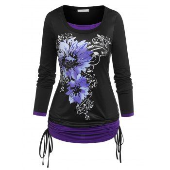 

Plus Size Floral Print Cinched 2 in 1 Tee, Black