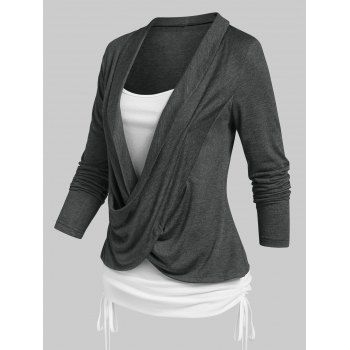 

Crossover Heathered Long Sleeves Ruched Cinched Faux Twinset T-shirt, Dark gray