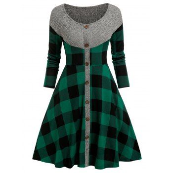 

Knit Splicing Plaid Print Flare Dress, Green