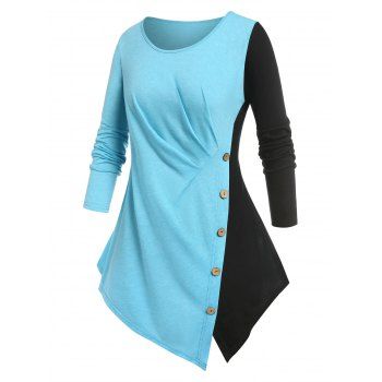 

Plus Size Colorblock Split Irregular Tee, Light blue