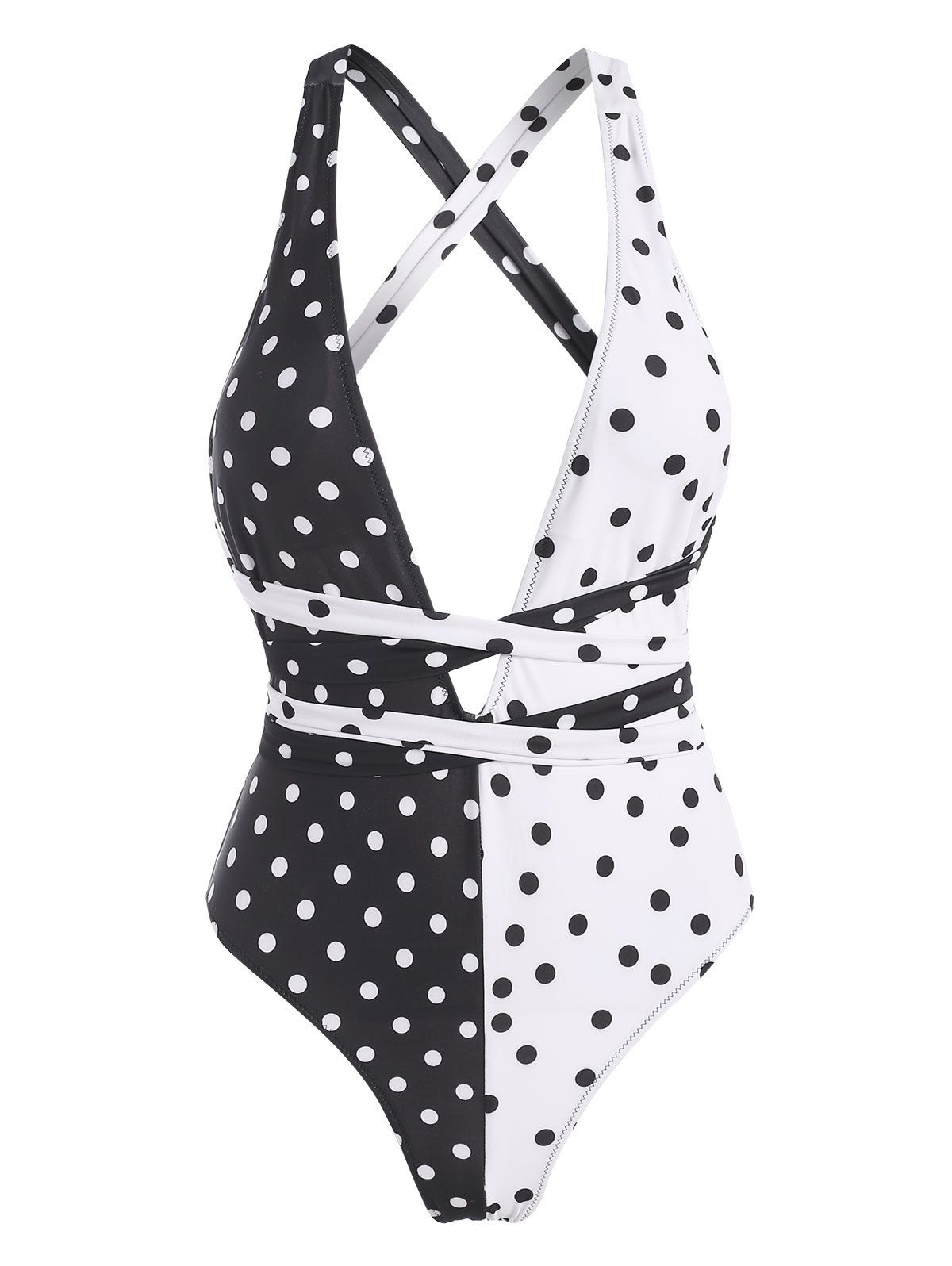 Colorblock Polka Dot Criss Cross One-piece Swimsuit - BLACK XXL