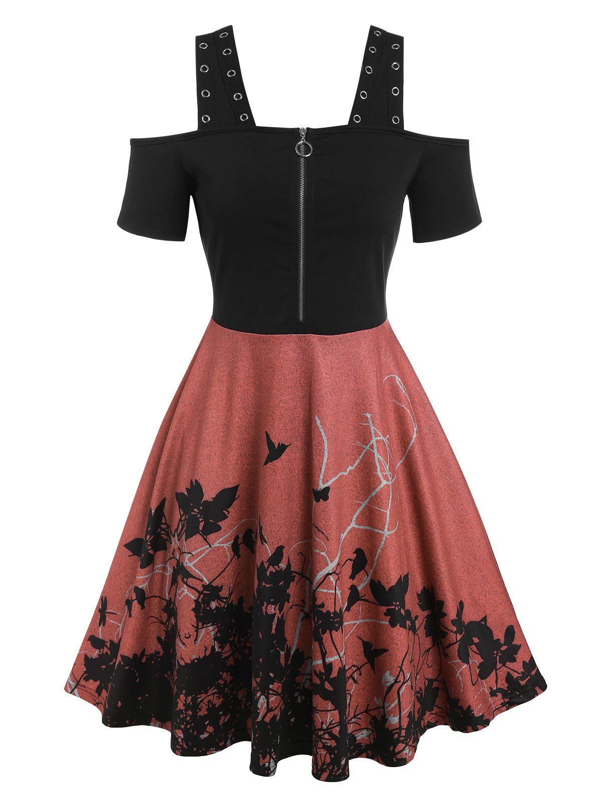 Cold Shoulder Gothic Dress Printed Dress Eyelets Half Zipper A Line Dress - BLACK XL