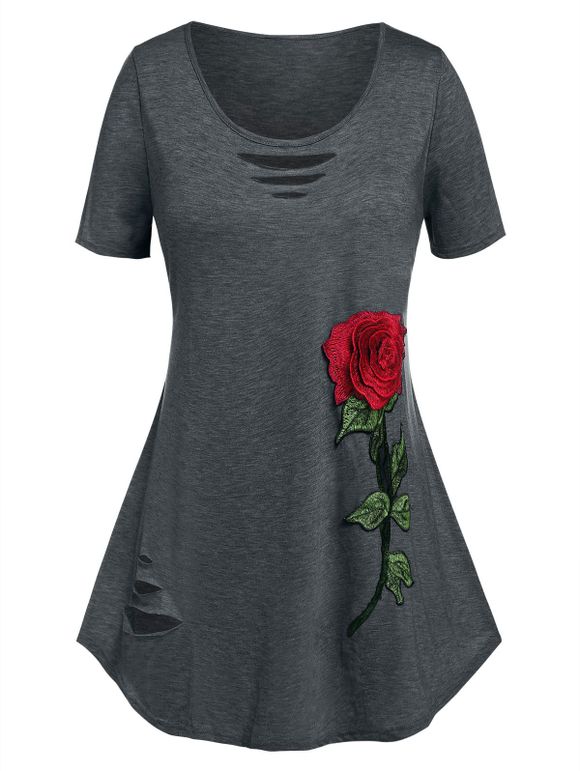 T-shirt Tunique Déchiré à Rose Brodée Grande Taille - Gris 4X