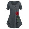 T-shirt Tunique Déchiré à Rose Brodée Grande Taille - Gris 5X