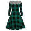 Knit Splicing Plaid Print Flare Dress - GREEN M