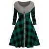 Knit Splicing Plaid Print Flare Dress - GREEN M