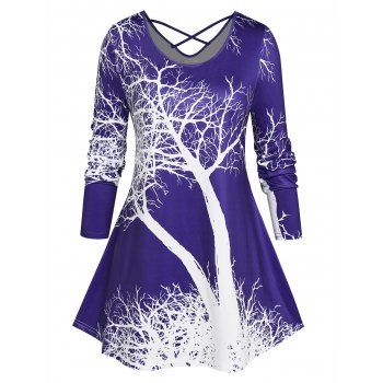 

Plus Size Tree Print Crisscross T-shirt, Blue