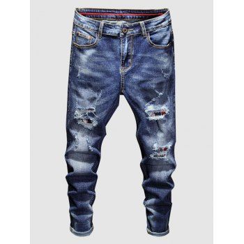 

Light Wash Plaid Patch Ripped Jeans, Blue