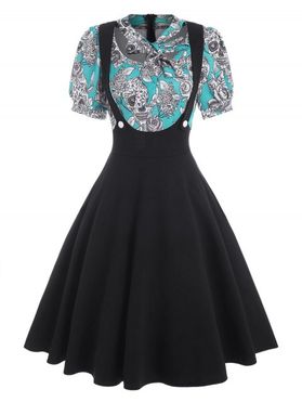 Gothic Vintage Skull Print Bowknot Puff Sleeve 2 In 1 A Line Dress