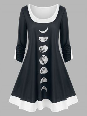 Roll Up Sleeve Lunar Eclipse Print Knee-Length A Line Dress
