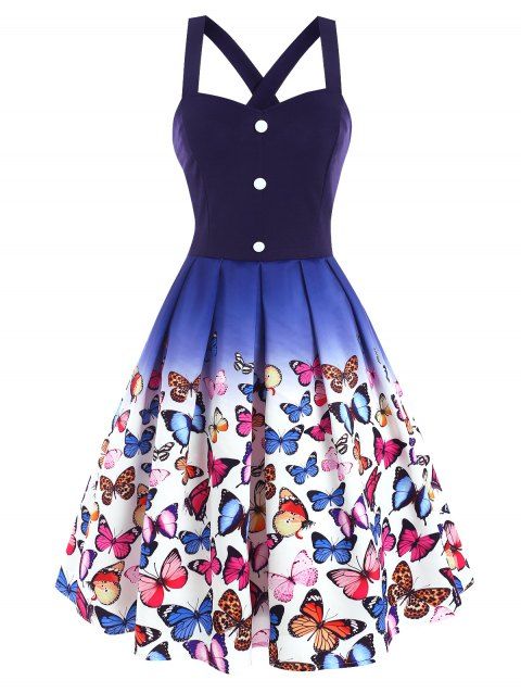 Ombre Butterfly Print Mini Dress Criss Cross Mock Button Sweetheart Neck Flare Skater Dress