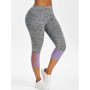 

Contrast Space Dye Print Criss-cross Capri Leggings, Light purple