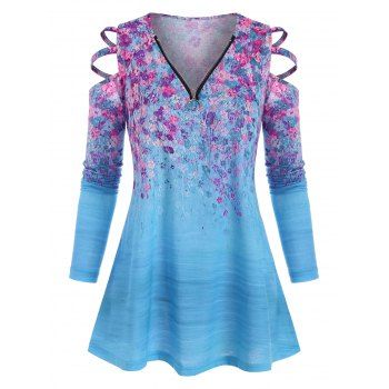 

Plus Size Zippered V Neck Floral Ladder Cutout Cold Shoulder Top, Blue
