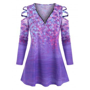 

Plus Size Zippered V Neck Floral Ladder Cutout Cold Shoulder Top, Purple