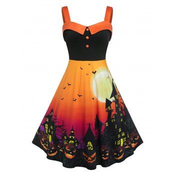 

Plus Size Halloween Bat Castle Pumpkin A Line Dress, Dark orange