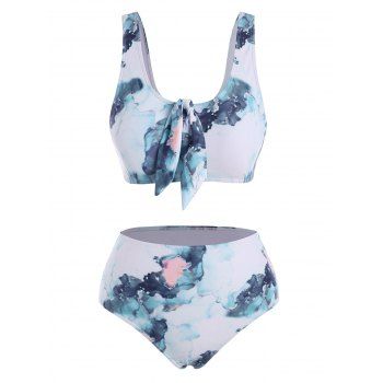 

Chinoiserie Ink Painting Swimsuit Knotted Tankini Swimwear, Deep blue