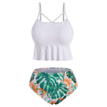 

Ruffle Tropical Palm Leaf Tankini Swimwear, White