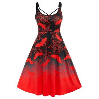 

Plus Size Bat Spider Web Print Halloween Dress, Red
