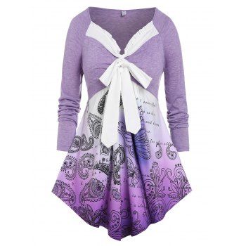 

Plus Size Bowknot Paisley Butterfly Print Irregular Tee, Light purple