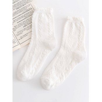 

5 Pair Scalloped Trim Floral Pattern Crew Socks, White