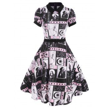 

Vintage Sun Moon Star Skull Print Puff Sleeve Belted Flare Dress, Black