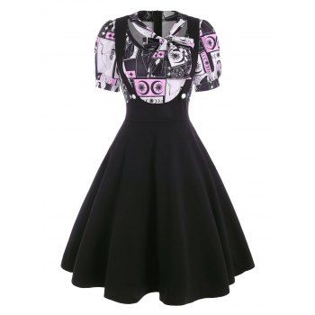 

Gothic Vintage Skull Print Bowknot Puff Sleeve 2 In 1 A Line Dress, Light pink
