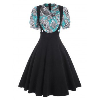 

Gothic Vintage Skull Print Bowknot Puff Sleeve 2 In 1 A Line Dress, Deep green