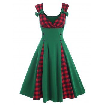 

Plaid Insert Mock Button Bowknot Surplice Dress, Deep green