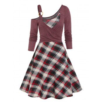

Asymmetrical Plaid Cutout Cold Shoulder Crossover 2 In 1 A Line Dress, Multicolor