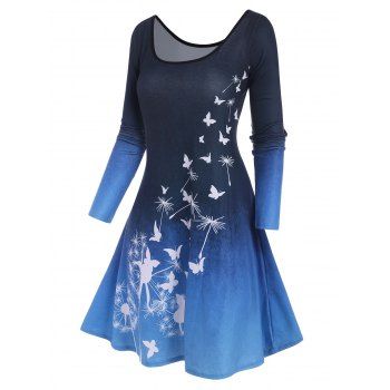 

Long Sleeve Butterfly Print Tee Dress, Deep blue