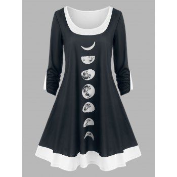 

Roll Up Sleeve Lunar Eclipse Print Knee-Length A Line Dress, Black