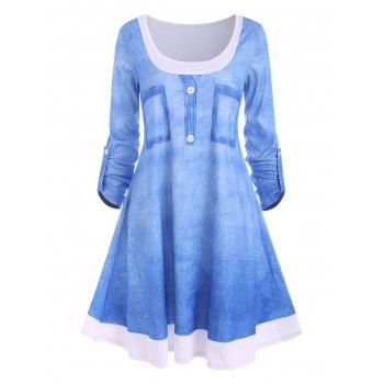 

3D Denim Print Roll Up Sleeve Tunic Dress, Light blue