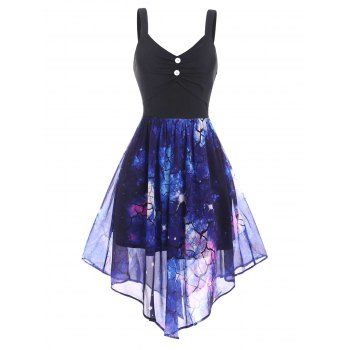 

Galaxy Print Mock Button Ruched Asymmetric Dress, Deep blue