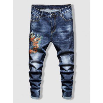 Dragon Embroidered Light Wash Ripped Jeans