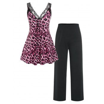 

Plus Size Leopard Print Tank Top and Pants Pajamas Set, Light pink